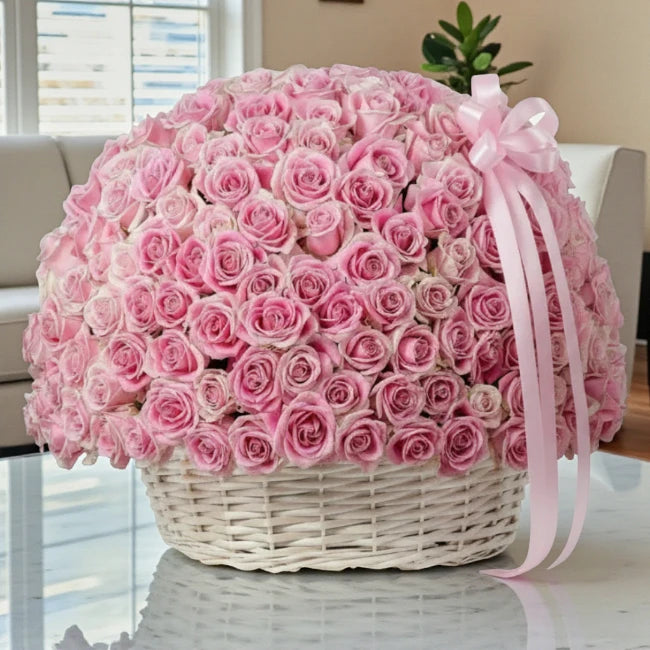 200 Baby Pink Roses Basket